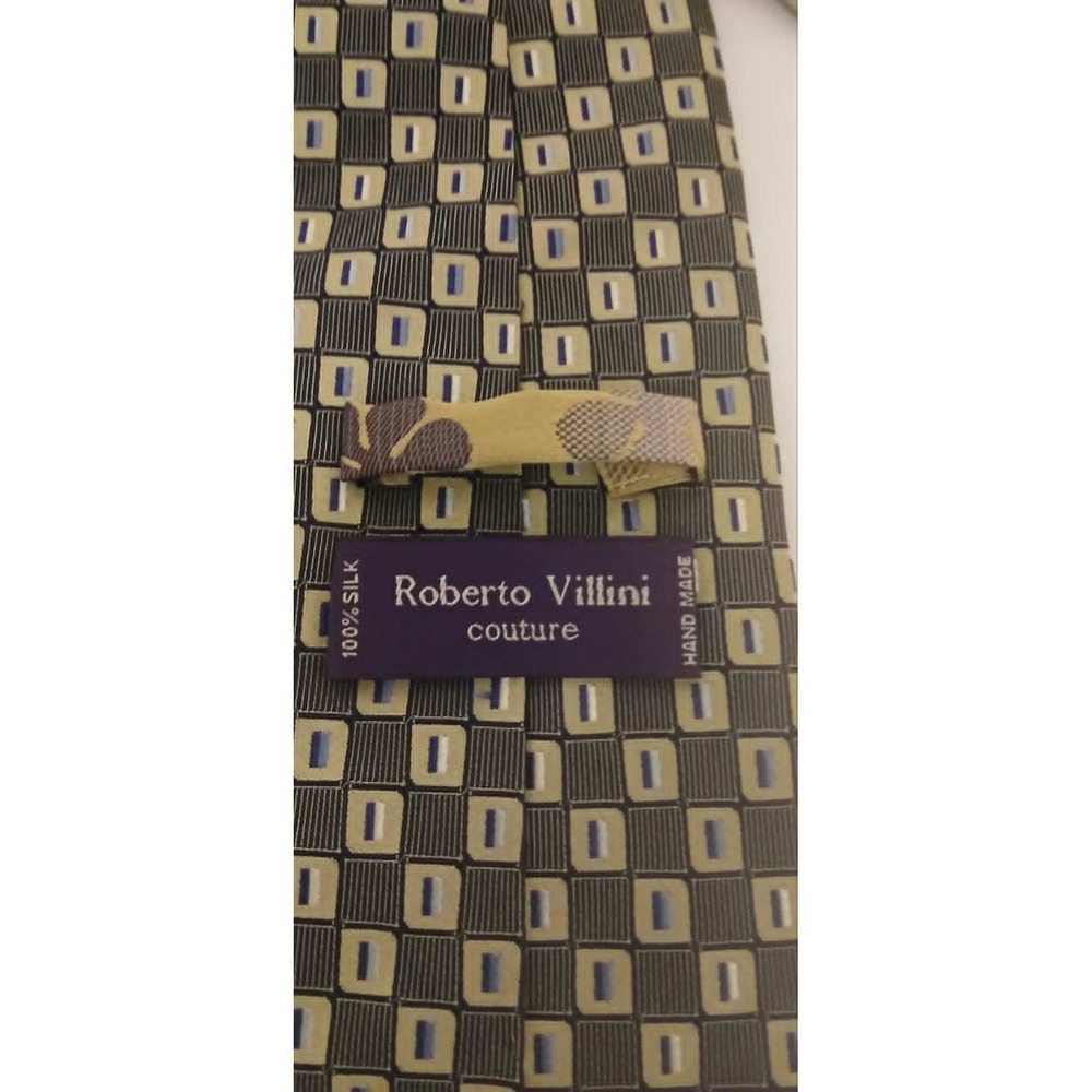 Roberto Villini Couture Mens Silk Tie Olive Green Black Geometric Square Pattern - Picture 3 of 3